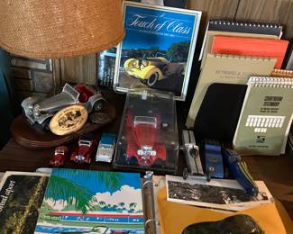 Misc vintage car items including that great lamp in the picture