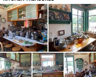 Great kitchen items including Pyrex, Corning ware, Fiesta, Tupperware, vintage serving pieces, CUTCO knives, SALADMASTER cookware, Guardian cookware, Johnson Brothers Ironstone, Heritage dishes, silverware, gold plated silverware and lots of misc.