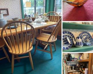 Great solid wood kitchen table with four chairs, vintage tortoise shell Lucite salad bowl, Lomonosov Russia Porcelain Bridesmaid Baskets Tea Set