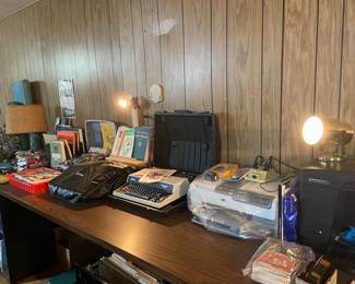 Two older Royal typewriters, photo printer, copier, shredder......all the office equipment ready and waiting!