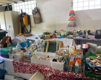 A small portion of the craft items in the garage. This is in addition to an entire room of crafts in the basement