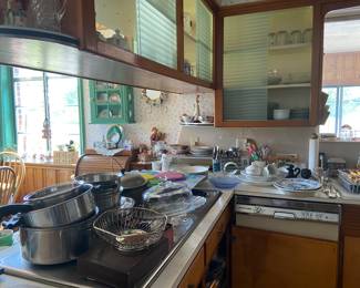CUTCO knives, SALADMASTER cookware, Guardian cookware, Johnson Brothers Ironstone, Heritage dishes, silverware, gold plated silverware, lots of utensils and kitchenware,