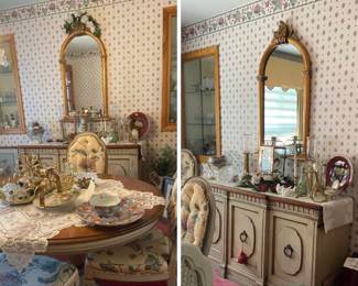 Shabby chic dining room set with large two leaf table, upholstered cane back chairs and matching buffet with wood top