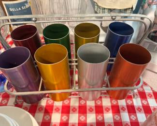 Vintage aluminum tumblers with carrying stand