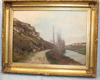 Signed L.A. Cable Oil on Canvas Landscape Roadside Creek In an Antique Gold Guilt Frame: 36" x 46"