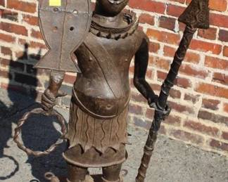 Large Benin Bronze Warrior on Stand
