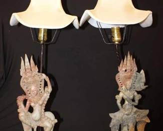 Pair of Asian Jade Lady Carved Lamps Antique 22"H 