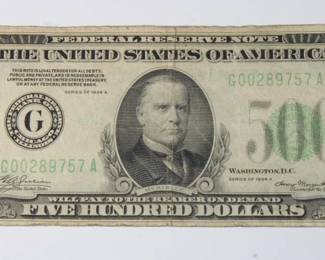 United States of America Federal Reserve Note $500 Bill 1934 Series