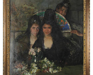 Gabriel Morcillo Raya (Spanish, 1887-1973), "Damas con Abanico", oil on canvas, signed and dated L/R "G. Morcillo 1917", 40" x 23", framed 46" x 40 1/2". Provenance: South Hamilton, Massachusetts collection. PLEASE NOTE: On KaminskiLIVE, lots valued at over $3,000 are designated as Premier Lots in the auction descriptions. Bidding on these lots requires pre-approval. Existing customers with a history of completed payments will be automatically pre-approved. New customers must either call Kaminski Auctions at 978-927-2223 Ext 507 with a credit card to obtain pre-approval or have a credit card on file with our auction house.