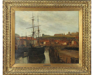 Alfred Morgan (labeled), ship at dock, oil on canvas, 20" x 24", framed 28" x 32". Provenance: Palm Beach, Florida estate.