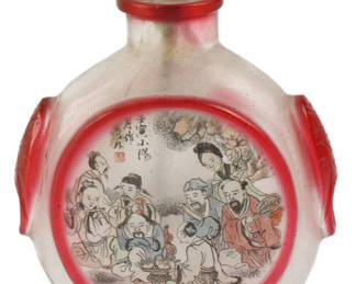 Old Chinese Peking glass snuff bottle having cut glass red trim, signed and reverse painted, 3" x 2 1/4". Provenance: Hollywood, Florida collection.