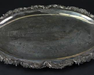 Jacobi and Jenkins, Baltimore, sterling tray, 21 1/2" x 15". Approximately 63.0 troy oz TW. Provenance: Methuen, Massachusetts estate. PLEASE NOTE: payment for silver, gold, jewelry, and coins must be made via wire transfer, cash, or certified bank check ONLY. The only exception is long-standing customers.