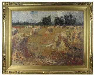 Charles Warren Mundy, O.P.A. (American, b.1945), titled "Wheat Shocks", oil on canvas, signed L/R, 30" x 40", in custom hand-carved gilt frame 39" x 50". Provenance: Palm Beach, Florida estate. PLEASE NOTE: On KaminskiLIVE, lots valued at over $3,000 are designated as Premier Lots in the auction descriptions. Bidding on these lots requires pre-approval. Existing customers with a history of completed payments will be automatically pre-approved. New customers must either call Kaminski Auctions at 978-927-2223 Ext 507 with a credit card to obtain pre-approval or have a credit card on file with our auction house.