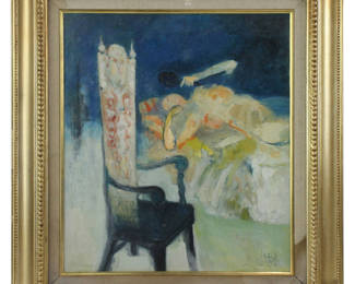 Japanese reclining woman next to high-back chair, oil on canvas, signed indistinctly L/R, dated 1975, 21" x 17 1/2", framed 29" x 26". Provenance: Gloucester, Massachusetts estate.