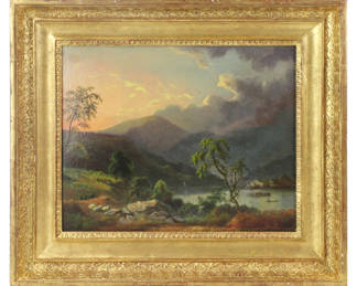 Attributed to Weber, figure in boat with mountains, oil on board, with label Schwartz & Son Philadelphia verso, 10 7/8" x 13 1/2". framed 16" X 18". Provenance: Palm Beach, Florida estate.