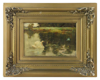 Val Davis, swan in a pond, oil on artist panel, signed L/R, 6" x 9", framed 13" x 16". Provenance: Palm Beach, Florida estate.