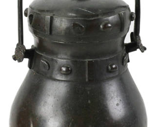 Old Chinese Ming Dynasty bronze pot with cover, 11" x 7 1/2", and handle 14". Provenance: Hollywood, Florida collection.