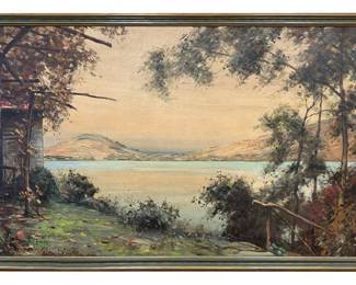 Louis Aston Knight (French-American, 1873-1948), lake view, Upstate New York, oil on board, signed L/L and dated 1932, framed 39 1/2" x 70". Provenance: South Hamilton, Massachusetts collection.