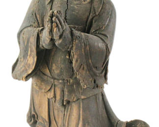 17th/18th century Chinese carved wood praying figure, 27" x 10". Provenance: Methuen, Massachusetts estate.