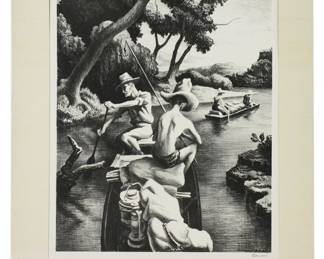 Thomas Benton print, "Down the River", signed in pencil, identified verso, 12 1/2" x 10". Provenance: Palm Beach, Florida estate.