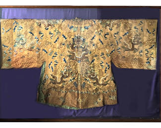 19th century Chinese Imperial gold embroidered robe with five-claw dragon and bat design throughout, 38" x 69", under glass frame 50" x 74". Provenance: Gloucester, Massachusetts collection.
