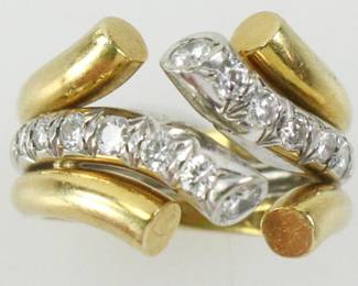 Tiffany & Co. 18k bicolor gold and diamond ring, size 6 1/2. Approximately 11.5 grams TW. Provenance: Spring Hill, Florida collection. PLEASE NOTE: payment for silver, gold, jewelry, and coins must be made via wire transfer, cash, or certified bank check ONLY. The only exception is long-standing customers.