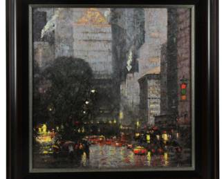 John Terelak (American, b.1942), Park Avenue, New York, oil on canvas, signed L/L and dated 96, gallery label verso, 23 1/2" x 23 1/2" (view), framed 30 1/2" x 30 1/2". Provenance: South Hamilton, Massachusetts collection. PLEASE NOTE: On KaminskiLIVE, lots valued at over $3,000 are designated as Premier Lots in the auction descriptions. Bidding on these lots requires pre-approval. Existing customers with a history of completed payments will be automatically pre-approved. New customers must either call Kaminski Auctions at 978-927-2223 Ext 507 with a credit card to obtain pre-approval or have a credit card on file with our auction house.
