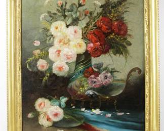 Max Carlier (French, 1872-1938), still life with roses, oil on canvas, signed L/L, 36" x 24", in a French carved giltwood frame, 41" x 29".