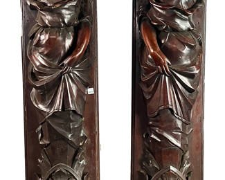Exceptional Victorian carved mahogany figural pillars, 88" H x 12" W x 9" D. Provenance: Methuen, Massachusetts estate.