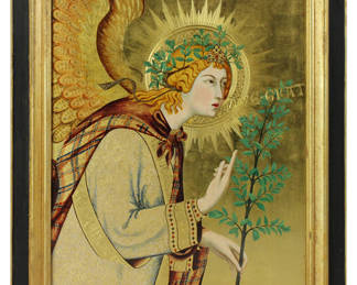 Hiroshi Hada, "L'annunziazione," 1977, after The Angel of the Annunciation by Simone Martini, hand-painted with gold leaf throughout, 19" x 16", framed 22" x 18". Provenance: Gloucester, Massachusetts estate.