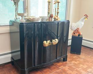 Dorothy Draper 1930's Black Lacquer Cabinet w/ Serpentine Front and Guilt Pulls