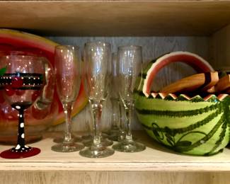 Assorted Glassware and Watermelon Decor