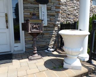Metal pedestal mailbox, tall planter
