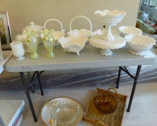 Bric-a-brac, milk glass, Fenton vases