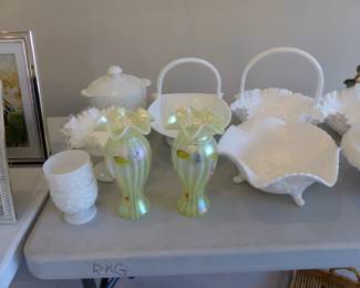Bric-a-brac, milk glass, Fenton vases