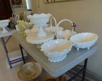 Bric-a-brac, milk glass, Fenton vases