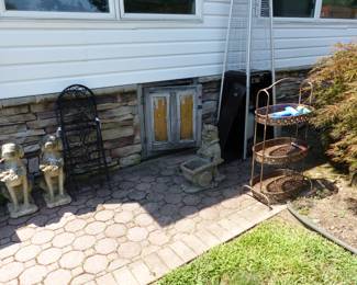 Planters, round metal table, statuary