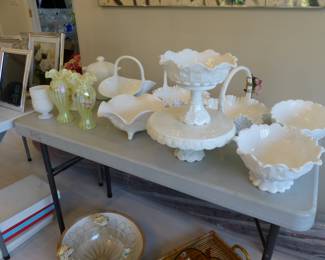 Bric-a-brac, milk glass, Fenton vases