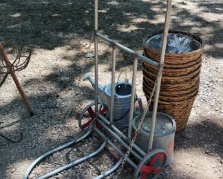 Rolling Utility Cart with Watering Can, Woven Flower Pots, And More