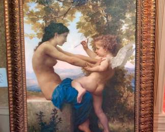 Large gold framed print "A Young Girl Defending Herself against Eros" by William-Adolphe Bouguereau