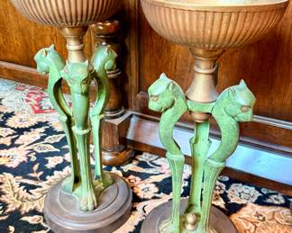 Vintage brass pedestal fruit bowls with green patina cats