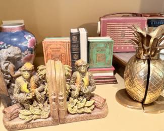 Vintage monkey, classic book and brass pineapple bookends