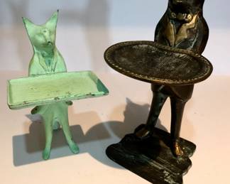 Green patina fox and black patina pig brass business card butlers