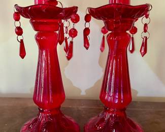 Two's Company ruby red glass candlesticks