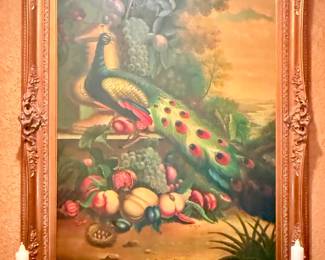 Large gold framed reproduction painting of "Peacock with Fruit" by Louisa Langley, signed by J. Tyler