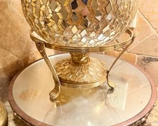 Brass mirrored pedestal with mosaic glass fruit bowl