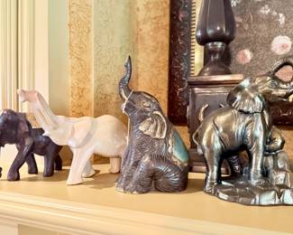 Wood, soapstone, brass and bronze elephant figurines