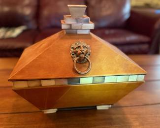 Retro leather and shell decorative box with brass lion accents