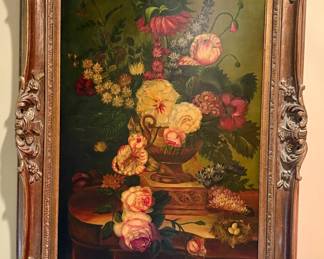 Large ornate framed still life oil painting signed J. Martin
