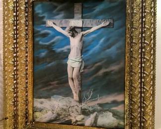Vintage brass filigree framed 3D hologram of the crucifixion of Jesus